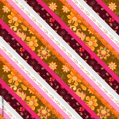Beautiful seamless vintage patchwork pattern with diagonal stripes decorated with flowers and paisley. Boho print for textile.