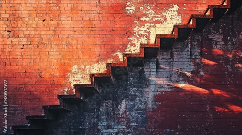 Metal stairs leading up brick wall