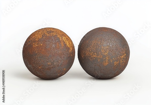 Two rusted iron cannonballs or large metal spheres with textured, corroded surfaces placed side by side on a white background photo