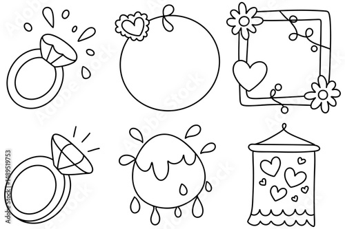 Hand drawn illustrations of decorative elements including rings, circular frame, heart shaped frame, splash of water