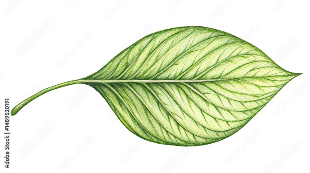 Obraz premium A meticulously illustrated, detailed, and vibrant botanical watercolor painting of a single, elongated, and textured leaf, set against a white background