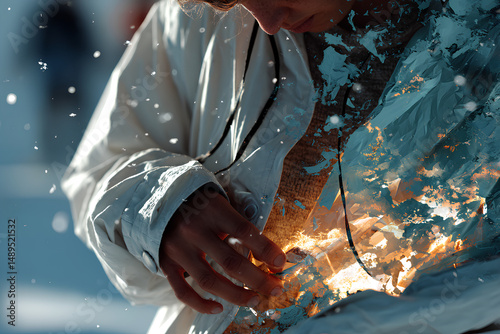 Abstract figure with a glowing sun in the chest, surrounded by cool blue tones and falling snow, representing inner warmth during SAD