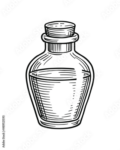 Hand-drawn illustration of a potion bottle, a vial filled with liquid, alchemy symbol