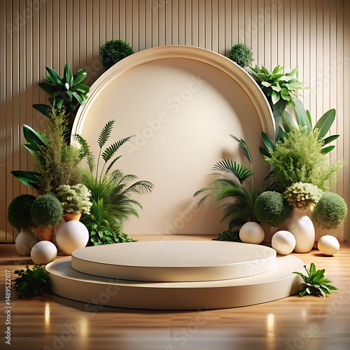 a round podium with plants and spheres against a beige circle and wooden wall