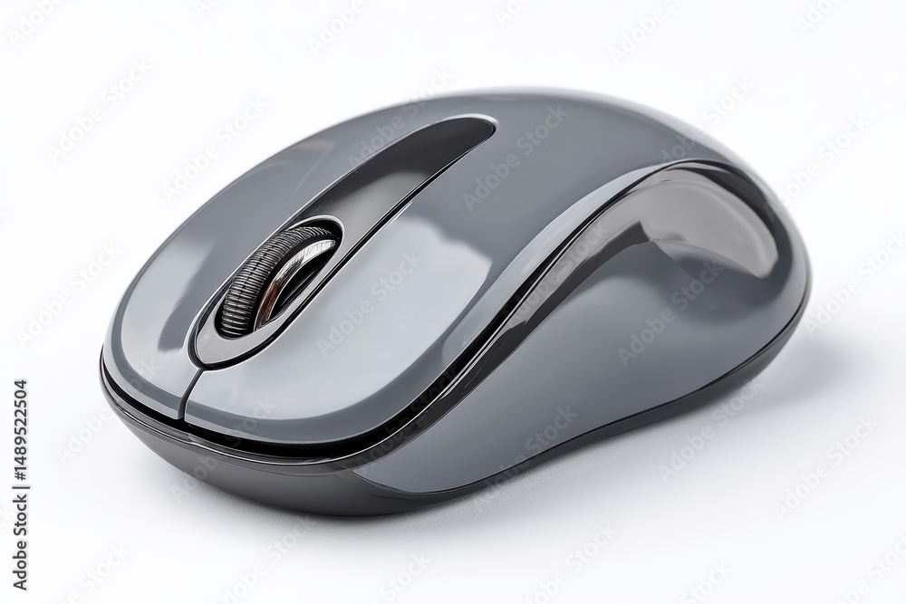 A modern wireless computer mouse placed diagonally, isolated on a clean white background A modern wireless computer mouse placed diagonally, isolated on a clean white background