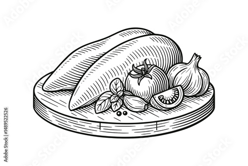Engraved Style Foods: Chicken, Tomato, and Garlic on Wood Block