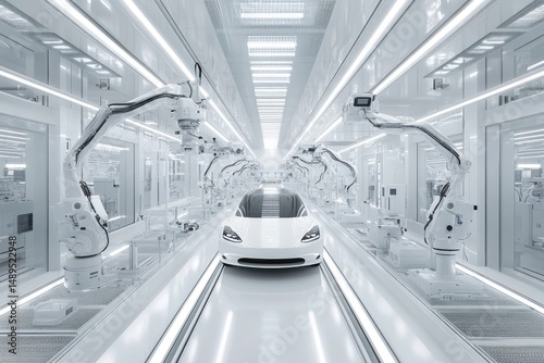 Automated vehicle assembly line.  Clean, modern production facility with multiple robotic arms, precise machinery, and a pristine white car moving along a conveyor