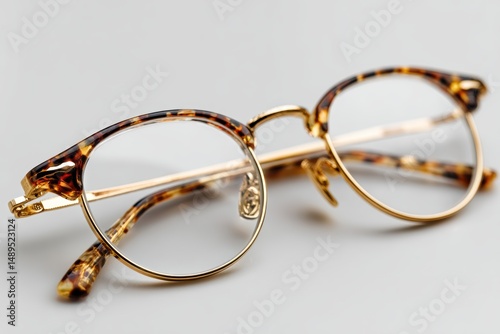 A pair of classic reading glasses folded neatly, isolated on a bright white background