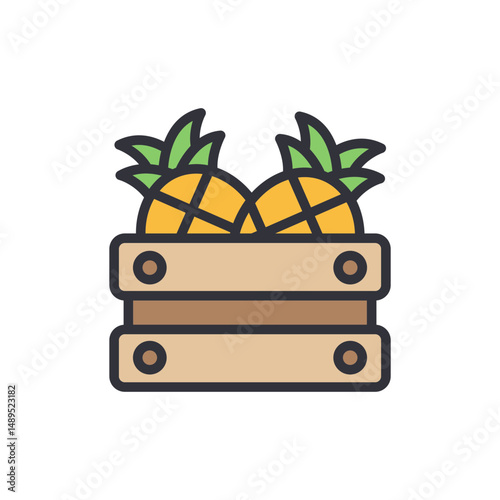 Pineapples In Wooden Crate Fresh Tropical Fruit Summer Harvest Season