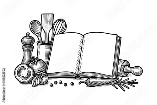 Culinary Recipe Book with Cooking Utensils and Fresh Ingredients Still Life Drawing