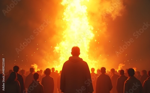 Pentecost Sunday: The Holy Spirit Comes as Tongues of Fire. Digital illustration of the Holy Spirit descending on the believers. Rear view. High quality