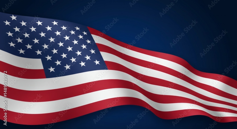 Fototapeta premium An American flag is displayed, waving against a deep navy blue color background