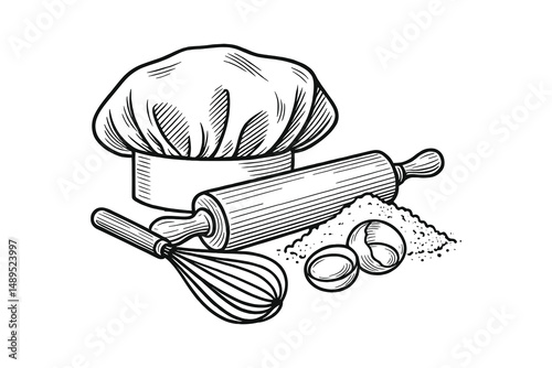 Chef hat, rolling pin, whisk, and eggs sketch illustration