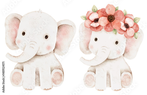 Hand-painted watercolor illustration of two baby elephants with pink flowers and leaves in a festive wreath. Isolated on white, ideal for baby showers, nursery decor, and greeting cards