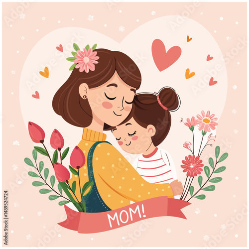 happy Mother valentines day
Vector banner with beautiful flowers framed for mother's day 
Woman embracing her child. Mother and son. Happy Mother's Day card with text and flowers. Illustration isolate