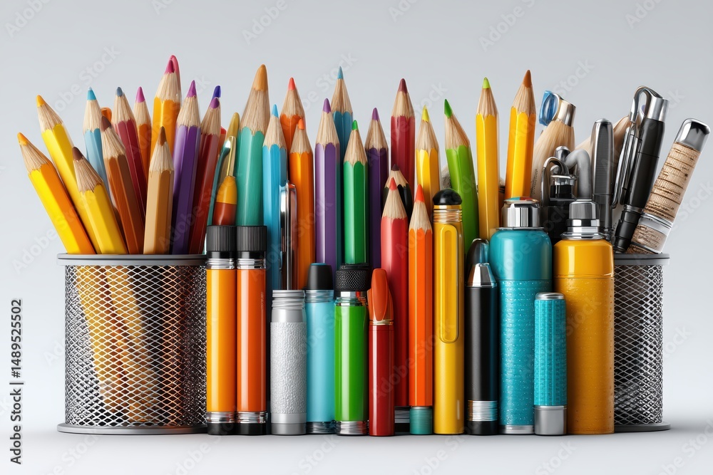 Fototapeta premium A group of pens and pencils in a holder, isolated on clean white background
