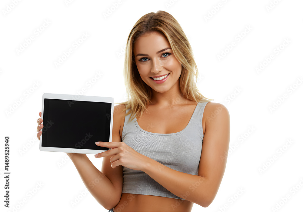 Woman Holding Tablet Device Smiling at Camera Woman Holding Tablet Device Smiling at Camera