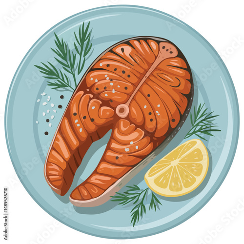 Grilled fresh salmon fillet with perfect sear marks isolated vector illustration on white background