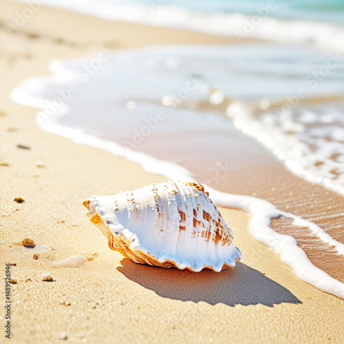 A tranquil beach scene with a detailed, sunlit conch resting gently on the soft golden sand near the shore. Gentle ocean waves crash onto the shore, sunlight glinting off the water and shells.