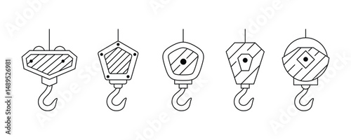 Collection of Stylized Crane Hooks Outline. Industrial Hoisting Machinery Element Line Art Illustrations
