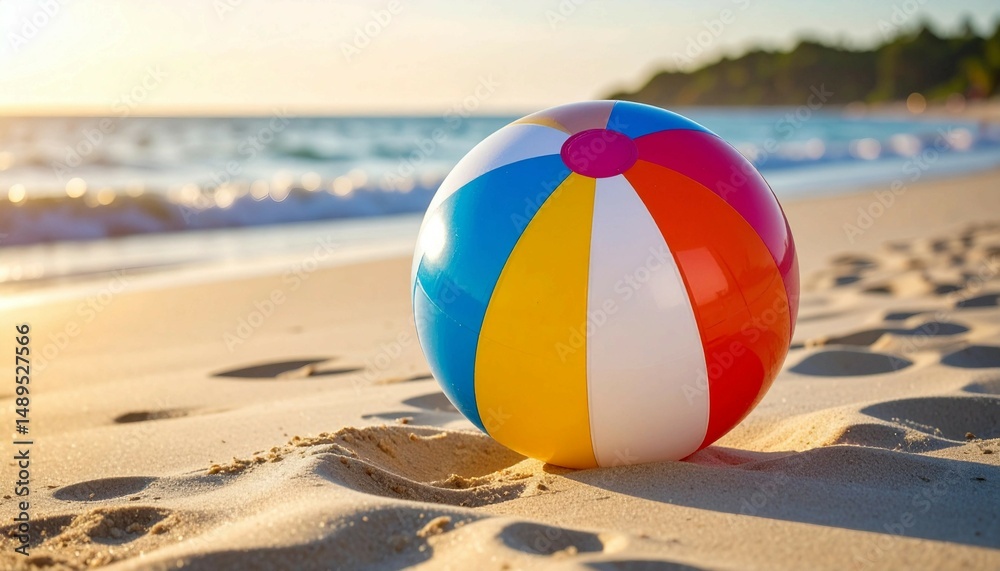 Obraz premium A colorful beach ball lying on a sandy beach near the ocean, ideal for summer and outdoor themes