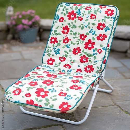 Folding garden chair with floral cushion photo