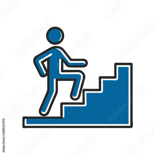 Icon of a person climbing stairs in blue and black design  