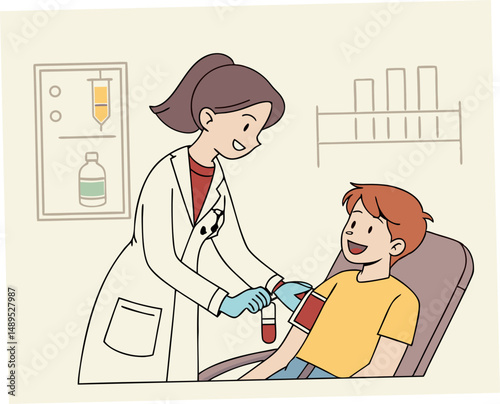 Nurse taking blood sample from smiling boy in medical clinic  