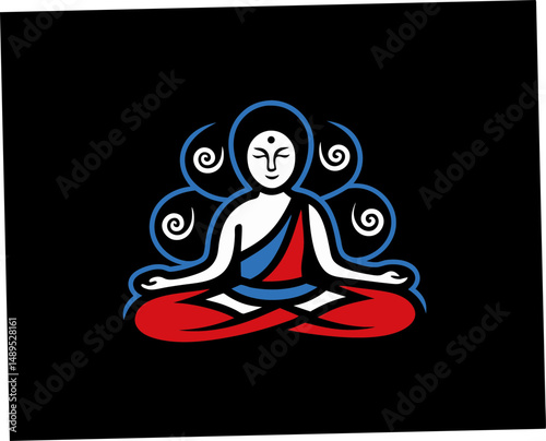 Abstract Buddha illustration meditating with swirls on black background  