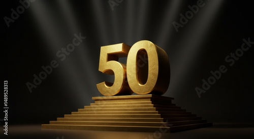 Golden Number Fifty on Podium illuminated by spotlights in a dark background
