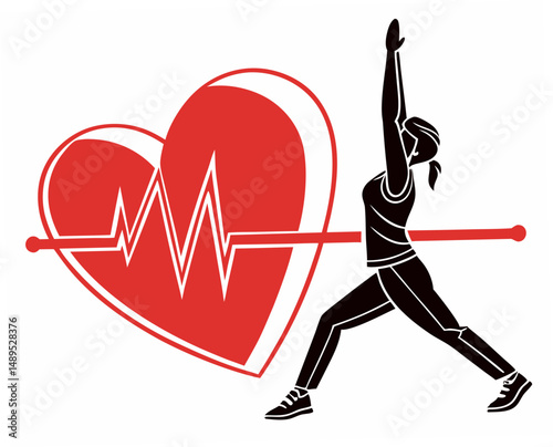 Healthy woman exercising with heart symbol and heartbeat line  