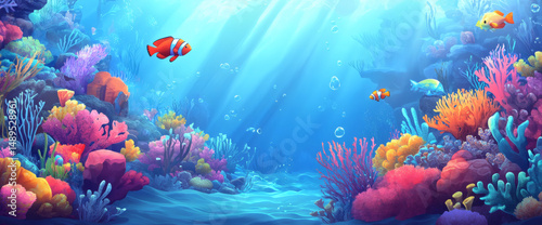 Tropical sea underwater fish on coral reef. Colorful marine panorama landscape of aquarium wildlife for snorkeling and diving.
