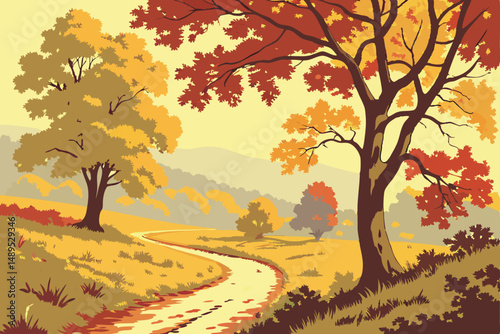 12 autumn alley, colorful trees, yellow and red leaves, winding path, vibrant landscape, dreamy atmosphere, impressionist style, oil painting effect, detailed foliage, bright colors, serene environmen