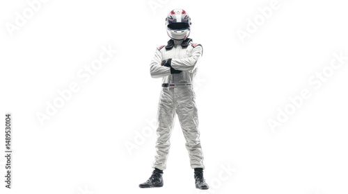 Race Car Driver Ready to Go: A confident and focused racing driver stands with crossed arms, wearing a full-body suit and helmet, ready for the race.  He's an image of determination.