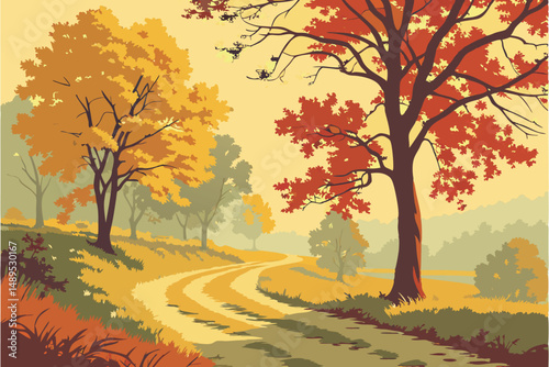 12 autumn alley, colorful trees, yellow and red leaves, winding path, vibrant landscape, dreamy atmosphere, impressionist style, oil painting effect, detailed foliage, bright colors, serene environmen