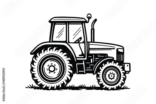 Farm Tractor Isolated on White. Agricultural Machine in Hand Drawn Style