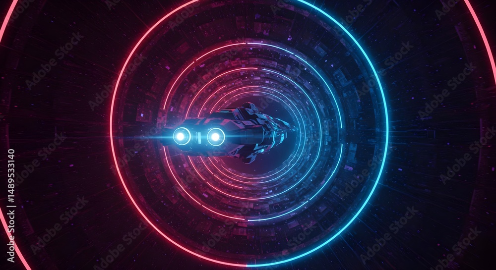 Obraz premium Futuristic Vehicle Flying Through Colorful Neon Tunnel at High Speed