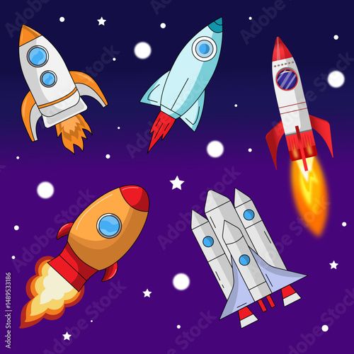 Various vector rockets. Collection of space color illustrations