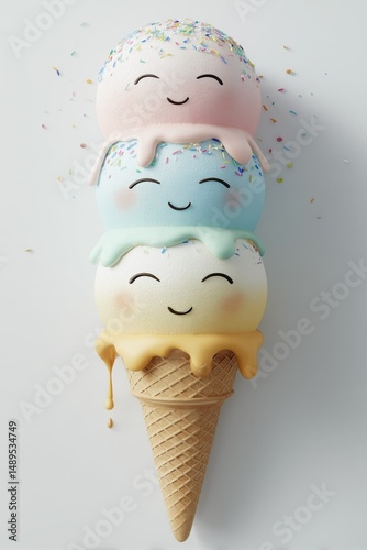 Cute 3d cartoon icecream cone with smiling face, colorful flavours and sprinkles, perfect for fun dessert-themed design or wallpaper use.







