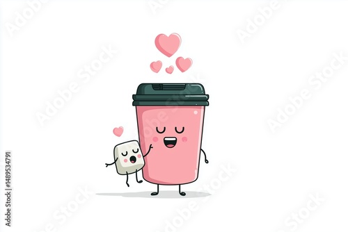 Joyful cartoon of a reusable coffee cup and marshmallow with love hearts, set on a clean whitespace in a minimalist style.








