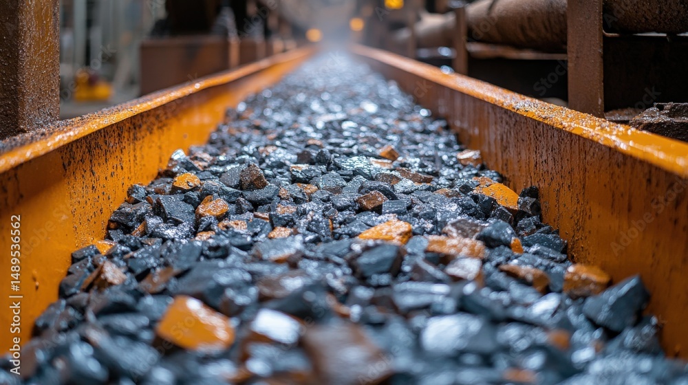 Fototapeta premium Close-up view of coal on a railway track in an industrial setting with blurred background
