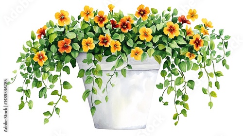 Fototapeta Naklejka Na Ścianę i Meble -  A watercolor painting of a potted plant with vibrant yellow and orange flowers and trailing green vines, set against a white background