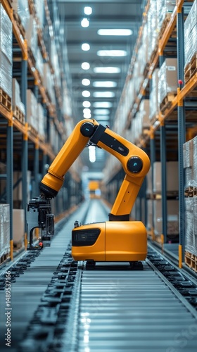 Automated robotic arm working within a warehouse facility.