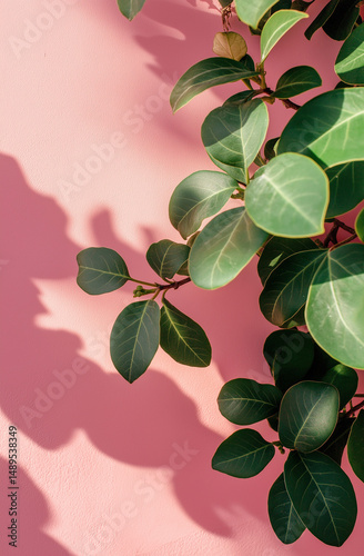  Green leaves casting shadows on pink wall in minimalist style