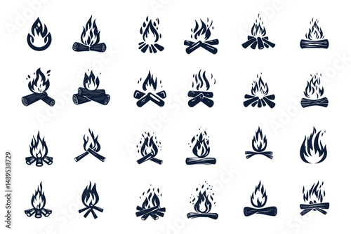Campfire Icon Set – Collection of Bonfire and Firewood Vector Symbols – Flat Design Fire Icons for Outdoor, Camping, and Survival Themes