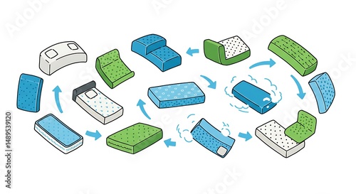 Mattress Recycling Process Illustration. Circular Economy Concept for Sustainable Bed Production and Material Reuse.