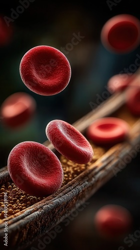 Detailed 3D visualization of red blood cells flowing through blood vessel with dark background in medical research illustration