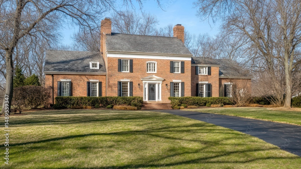 Obraz premium Classic brick house exterior sunny day green lawn real estate