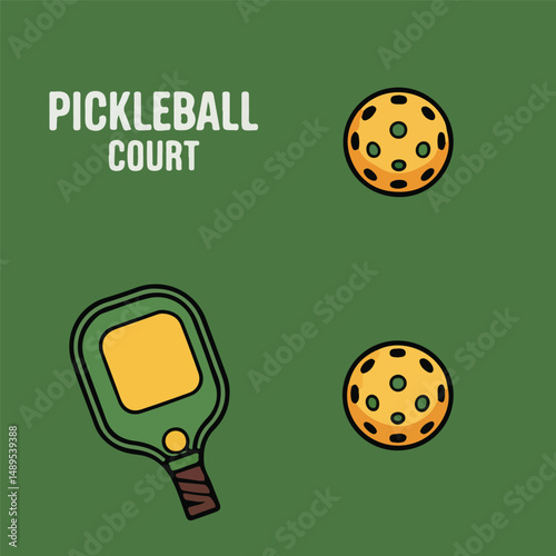 Colorful pickleball court illustration featuring paddle and balls on green background
