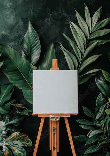 Blank Canvas on Wooden Easel Surrounded by Lush Green Leaves